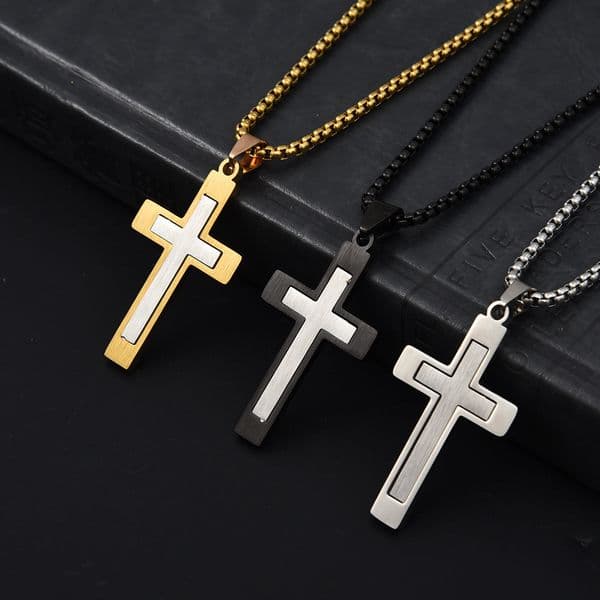 Imperial Chain Electroplated Pattern Single Layer Cross Pendant Fashionable Personality Trendy Stainless Steel Necklace