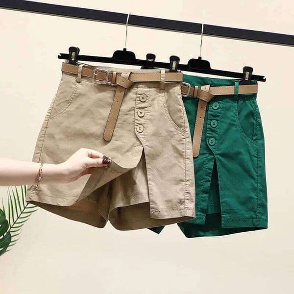 Shorts Women Belt Korean Solid Buttons Side Slit A-line Streetwear Fashion Skirts Chic Harajuku Summer Loose Pants XJ260305