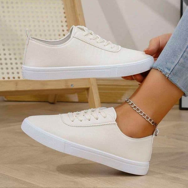 Women's Minimalist White Leather Sneakers with Ankle Chain | Low-Top Lace-Up Flat Shoes for Casual Everyday Wear