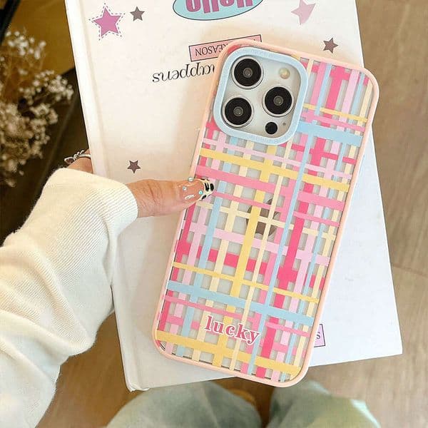 Phone case for iPhone New creative checkered color-blocking acrylic phone case suitable for 17/16 Pro Max, pink Apple 15 protective cover