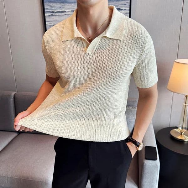 Men Knitted Polo Shirt Summer Highquality Solid Casual Elastic Slim Fit Short Sleeved Vneck Top Tshirt Clothing 260302