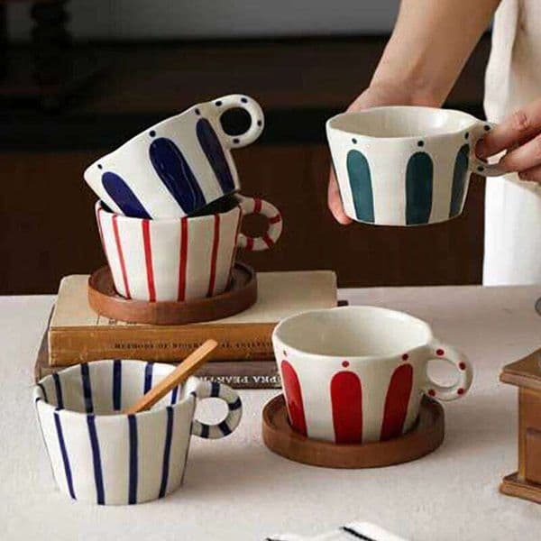 280ML Ceramic Plate Creative Stripe Latte Art Coffee Exquisite Afternoon Flower Tea Cup Home Milk Mug Gifts 26H0304