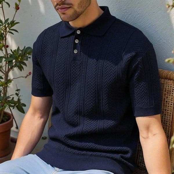 Mens Knit Polo Shirts Short Sleeve Textured Shirt Casual Business Collared Button 260302