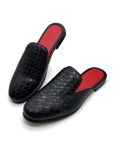 Men's Woven Leather Mules Black Backless Loafers with Red Insole Fashion Slip-on Slippers for Casual Formal Wear Designer Woven Half-Moccasin Loafers