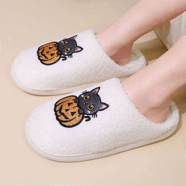 Pumpkin Cat Pattern Soft House for Women 2025 Winter Plush Warm Indoor Slippers Woman Cute Cartoon Comfort Cotton Shoes