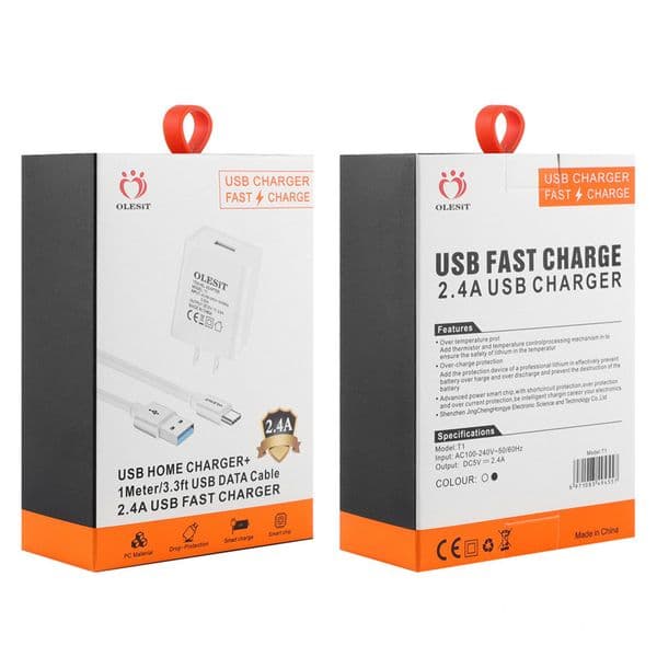 Olesit 2.4A USB Fast Charger Home Wall Charger With 1M/3FT Cable Set Cellphone Fast Charging Travel Power Adapter Retail Package For iPhone Samsung Xiaomi Huawei MP3