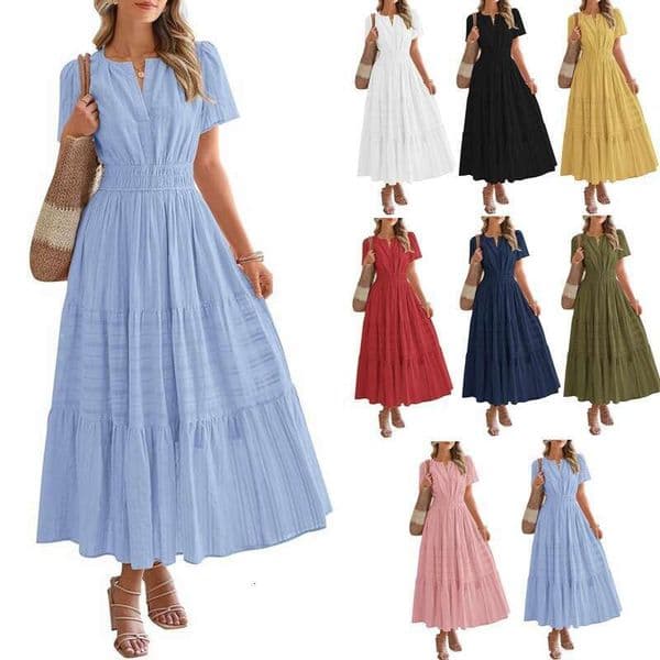 European and American foreign trade cross-border women's clothing Amazon bestseller V-neck ruched puff sleeve flared short-sleeve dress