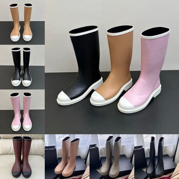 Women Rain Boots Brand Designer Bottes Square Toe Black White Olive Beige Pink Rainboots Lady Thick Heel Sole Rubber Winter Waterproof Casual Platform Shoes Booties