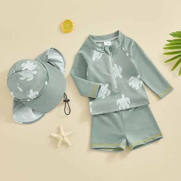 Cute Children Boys Rash Guard Swimwear Kids Bathing Suit Summer Long Sleeve Turtle Print T-shirt with Shorts and Hat Swimwear260228BJ
