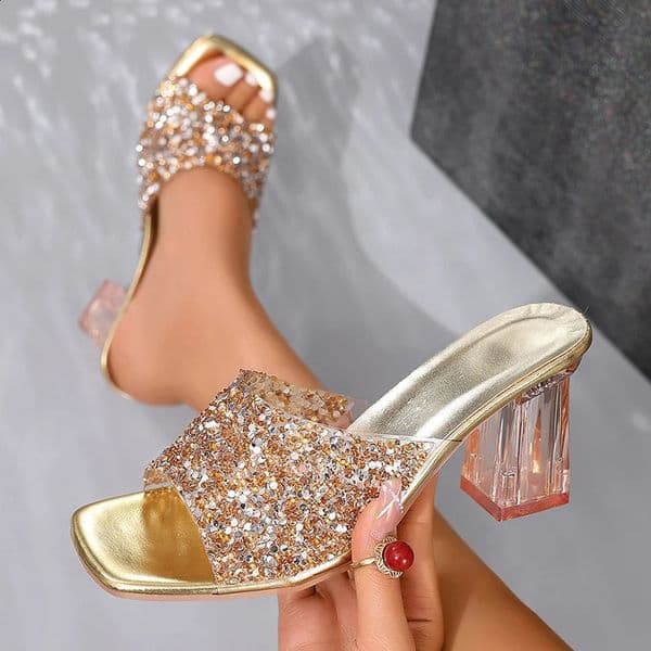 Shiny Sequins High Heel Slippers for Women Summer Fashion Square Toe Transparent Heeled Sandals Woman Gold Silver Glitter Slides 260228BJ