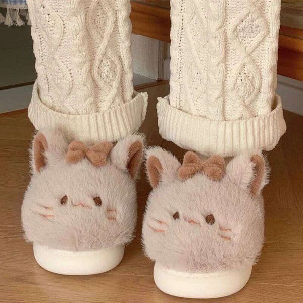 Cute Cartoon Cat Fluffy Slippers For Women Winter House Warm Faux Fur Thick Sole Anti-slip Girls Indoor Cotton Shoes