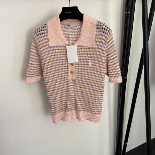 Top lapel women top summer lady knitwear women designer clothes bright silk stripe cropped short sleeve A699X14N065