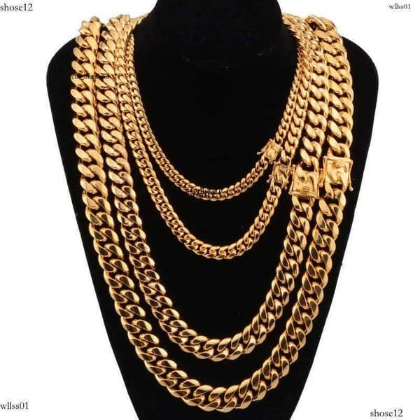 Moissanite jewelry Gold Miami Cuban Link Chain Necklace Men Hip Hop Stainless Steel Jewelry Necklaces Free door-to-door delivery