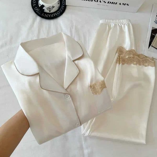 Womens Spring/Autumn Ice Silk Nightwear Set Luxurious Lace Trim Long-Sleeved Lightweight Homewear Actual Product Photography Y260306