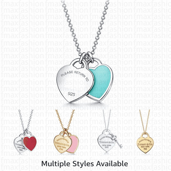 Designer Necklace Double Heart Pendant Necklace for Women Luxury Jewelry Stainless Steel Blue Heart Charm Necklace Minimalist Jewelry Gift