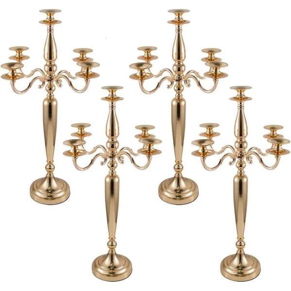 4Pcs 5 Arm Candelabra Candle Table Centerpieces Gold Metal Candlestick Holder for Wedding Decorative28 Inch Tall XJ260305