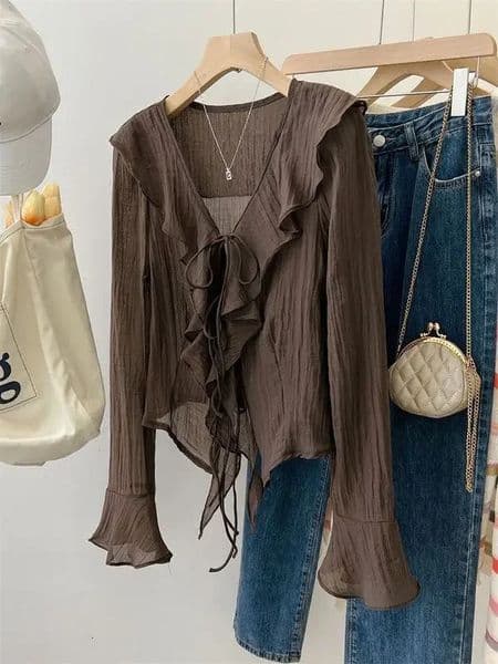 Blouses for Women Chemise Femme Womens Ruffled Flared Shirts Blusas Femininas Elegantes Tops Vintage Spring Shirt Thin Coat 260306
