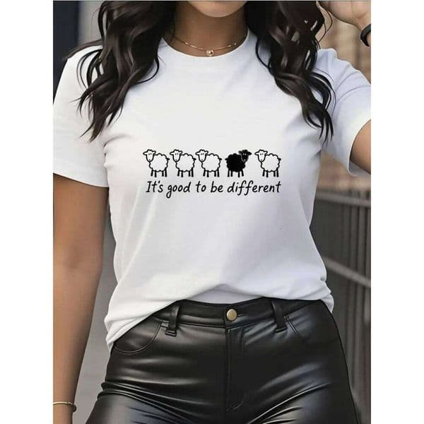 Ladies' Casual Short Sleeved Pure Cotton T-shirt with Sheep Pattern Print, Round Neck Design Suitable for Daily Wear Harajuku L260306