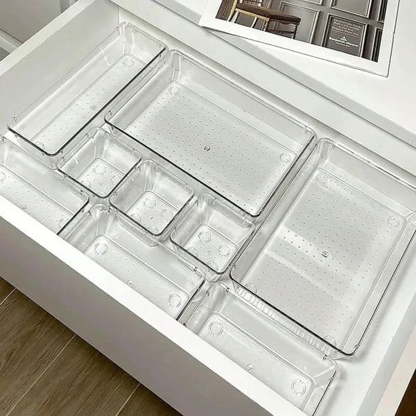 7PCSSet Desk Drawer Organizers Set Plastic Bathroom Storage Makeup Organizer Clear Transparent Box 260304