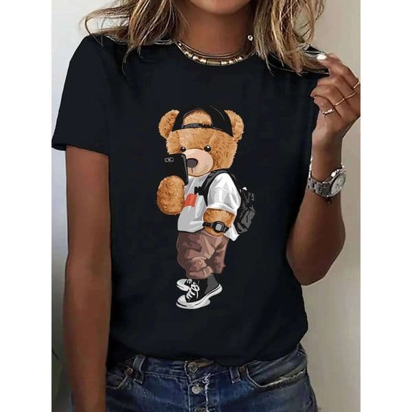 Bear Pattern Printing Women Round Neck Short Sleeve T-shirt Leisure Comfort Fit Top Women's Activewear Cartoon J260306