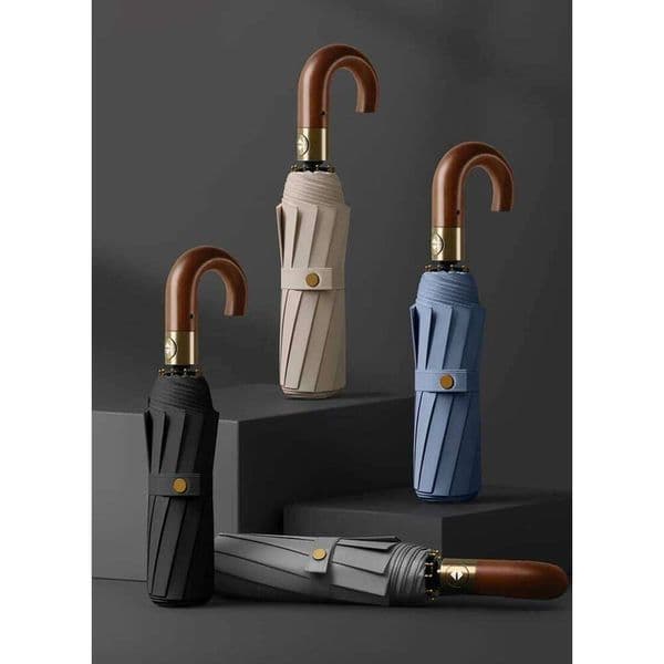 Fully automatic wooden handle curved hook windproof sunscreen folding umbrella for men women in sunny and rainy weather 26Y0304