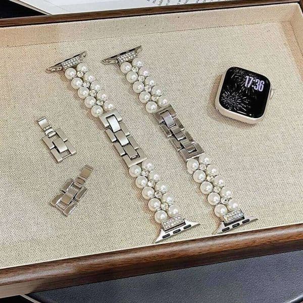 Pearl Beaded Bracelet Watch Band 49/46/45/44/42/41/40/38mm Women Chic Diamond Metal Wristband Strap for iWatch S10 9 8 H260305