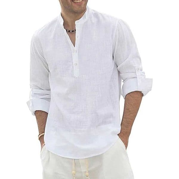 Mens Cotton Linen Long SLeeve Shirt Lightweight Henley Neck HAWaiian Beach Style Solid Color Tops Vacation T-shirt M260305