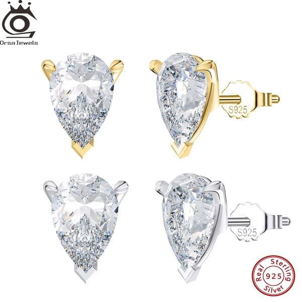 ORSA JEWELS 925 Sterling Silver Stud Earrings with Water Drop Cut Zirconia Stone Elegant and Timeless Jewelry for Women LZE02 260303