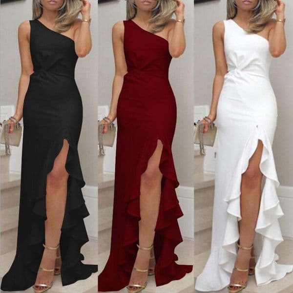 Evening Internet Celebrity Cross-Border Women's Summer Ruffle Hem Large Slit Floor-Length Solid Color Dress