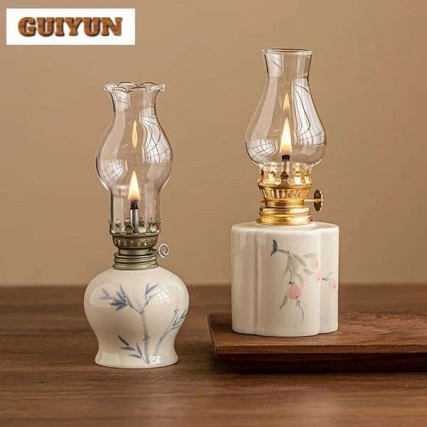 Hand Drawn Flowers Kerosene Lamps Holder Candle Stick Antique Style Oil Lamp Indoor Light Home Decoration XJ260305