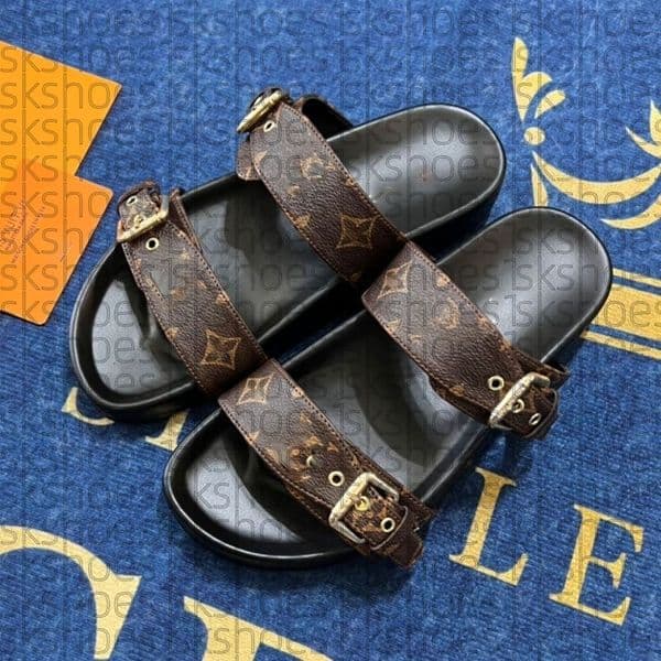 Designer Sandals Brown Black Flat Slippers Brand Sandals Men Women Slides Real Cow Leather Beach Sandals 2 Straps Adjusted Gold Buckles Shoes Size With Dustbag 35-45