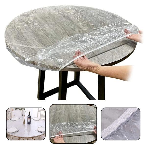 PVC Round Elastic Tablecloth Transparent Edged Table Covers Home Plastic Waterproof Oil-proof Dinning Table Protector Cover 260304