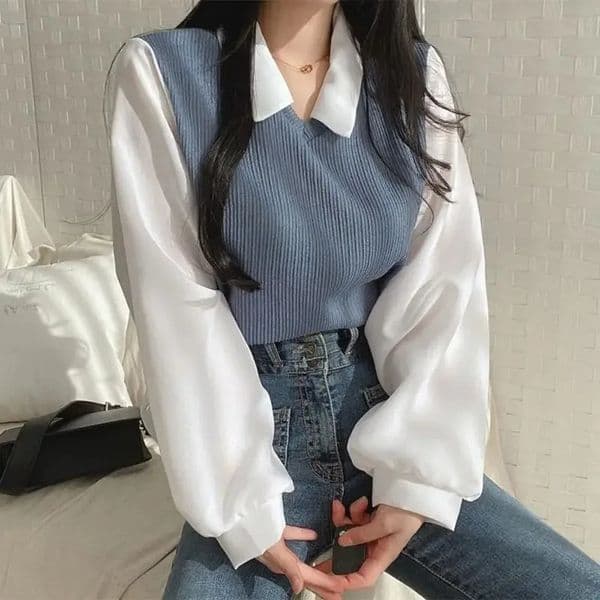 Summer Blouse Women Korean Style False Two-piece Polo Collar Blouses Y2k Tops Streetwear Loose Youth Pullovers Elegant Shirt 260306