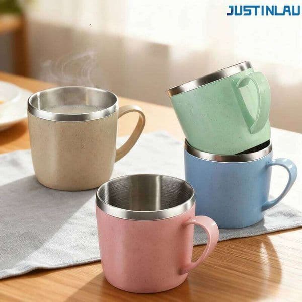 Double Layer Anti-scalding Stainless Steel Cups Plastic Handle Coffee Milk Mug Tea Drinks Water Cup for Home Office Tumbler 26L0306