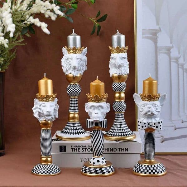 Europe Statue Holder Resin 3D Animal Head Figurine Vintage Striped Candle Stand Christmas Home Desktop Decoration XJ260305