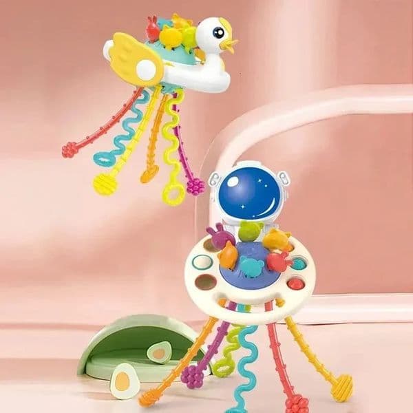 Cartoon Duck Astronaut Pull String Montessori Activity Development Silicone Teething Sensory Grip Training Early Educational Toy260228BJ