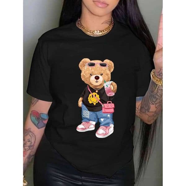 Cool Little Bear Print T-shirt Short Sleeve Crew Neck Casual Top for Summer & Spring Women's Clothing L260306