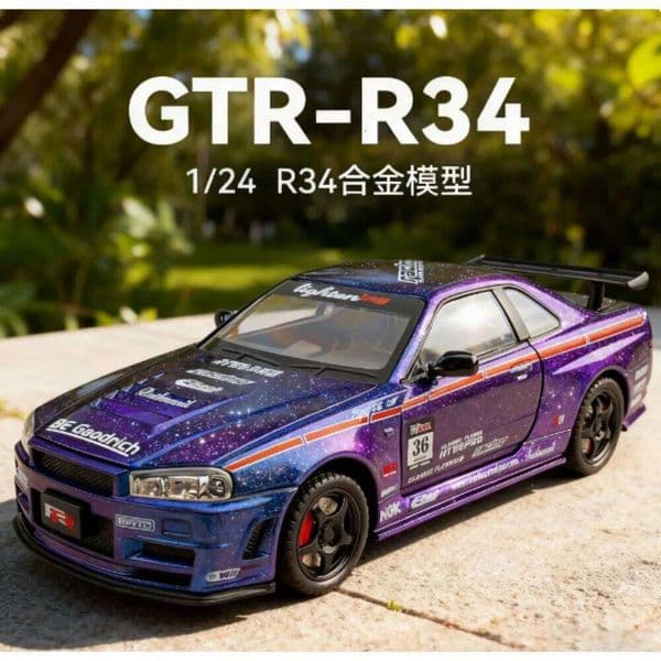 1:24 GTR R34 Skylin Alloy Car Model Sound and Light Pull Back Children's Toy Collectibles Birthday gift C260305