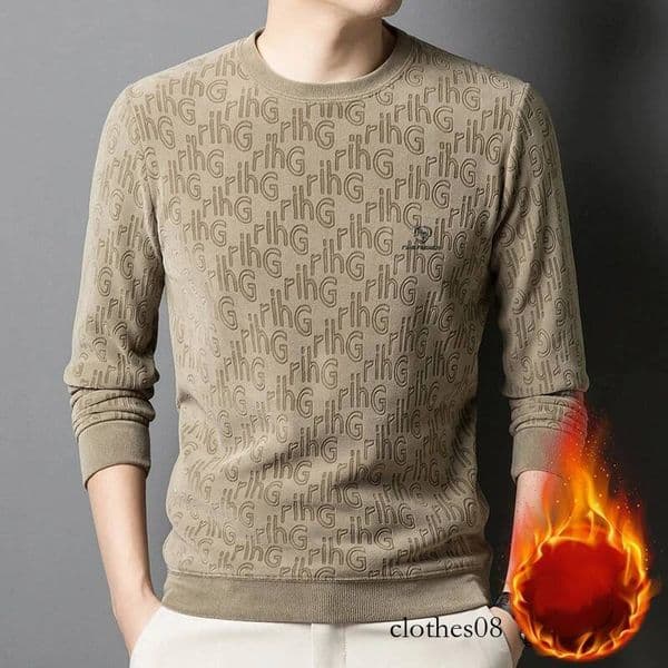 Fleece Thickened Oufen Sweatshirt Men Winter Round Neck Fashionable Jacquard Warm Long-sleeved T-shirt Base Men's Clothing