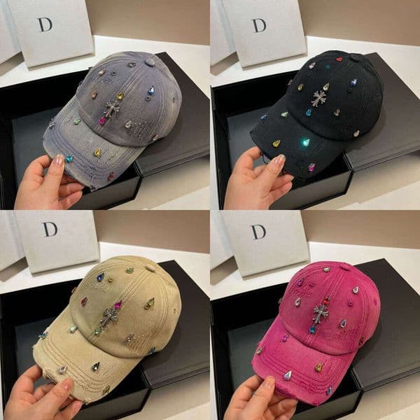 Distressed Multicolor Rhinestone Cross Baseball Cap Women Gothic Hat for Daily Commute & Streetwear