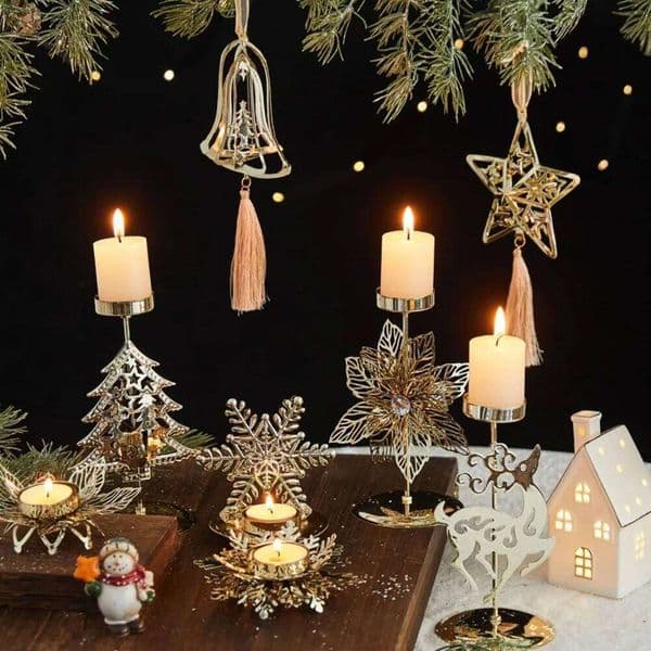 Metal Christmas Votive Candle Holders Snowflake Patterns Desktop Ornament Tealight Holder Xmas Tree Elk Candlelight Dinner Props XJ260305