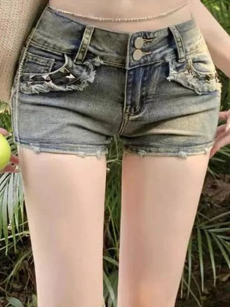 Women Korean Retro Y2k Shorts Pants Lady Vintage High Street Pants Female Blue Low Waist Elastic Wrapped Hip Short Jeans 260306