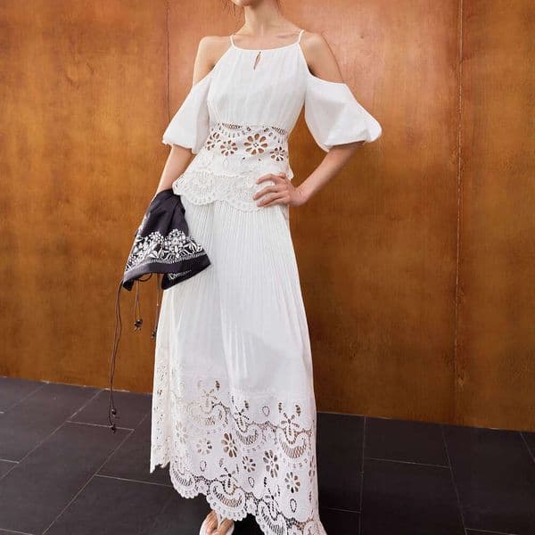 2026 White High Density e22 Hollow Embroidery Off Shoulder Top Half Skirt Two Piece Set Spring and Summer New Style