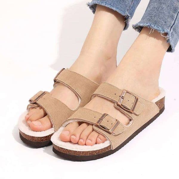 Litfun New Women's Winter Slippers Thick Sole Cork Footed Ladies Slides Fur Lining Warm Sandals With Adjustable Double Buckle