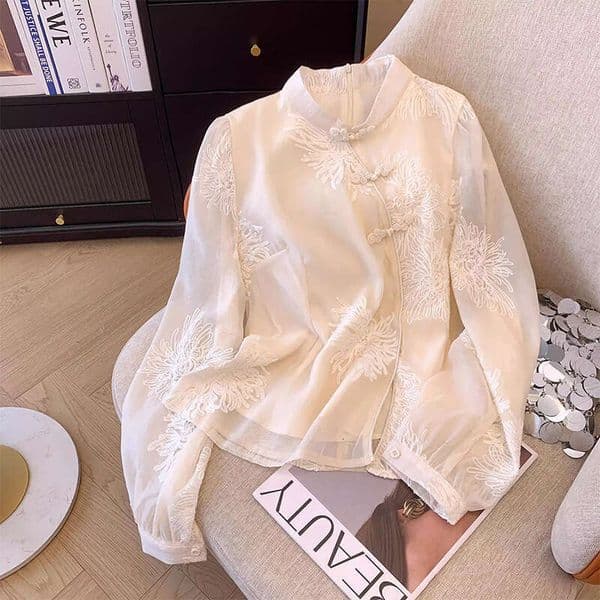 Mardi Hefxessdr 2026 Spring Women Stand Collar Vintage Beige Black Embroidery Flower Top Shirt , Woman Casual Tops Shirts style shirt women's clothing