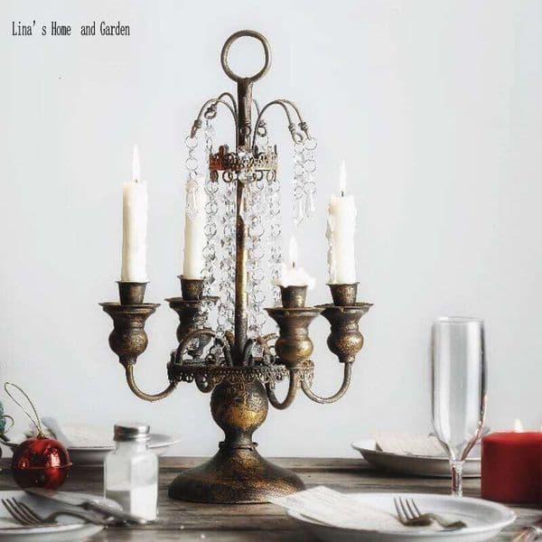 4 arms antique vintage golden metal candle holder crystal candelabra XJ260305