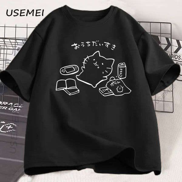 Japanese Style No Plan Print T-shirt for Men Women Funny Cotton Short Sleeve Summer Loose Tshirt Kawaii Kitty Cat Lover Tees J260306