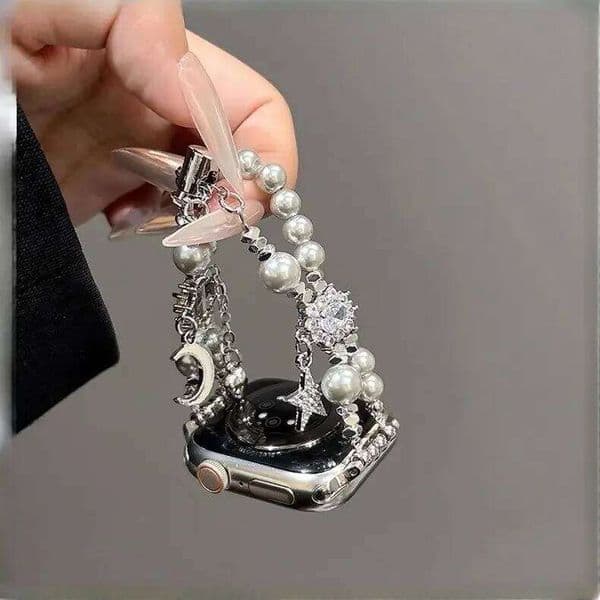 Sparkling Diamond Star Moon Pearl Bead Compatible iWatch 38mm 40mm 41mm 42mm 44mm 45mm 49mm Fashionable Handmade Strap H260305