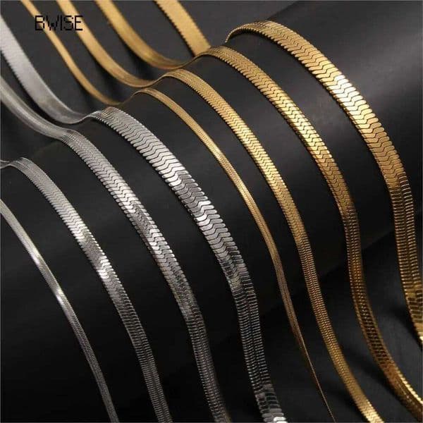 Bwise 2-5mm Width Stainless Steel Flat Necklace Hot Fashion Herringbone Gold Color Snake Chain for Men Women Gift Jewelry