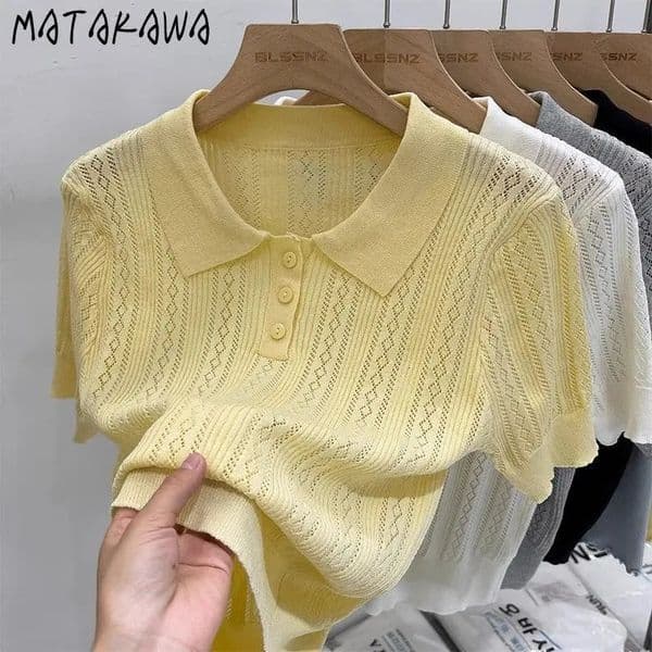 Matakawa Solid Knitted Tshirts Hollow Out Thin Spring Summer Sweet T Shirt for Women Korean Fashion Elegant Ropa De Mujer 260307